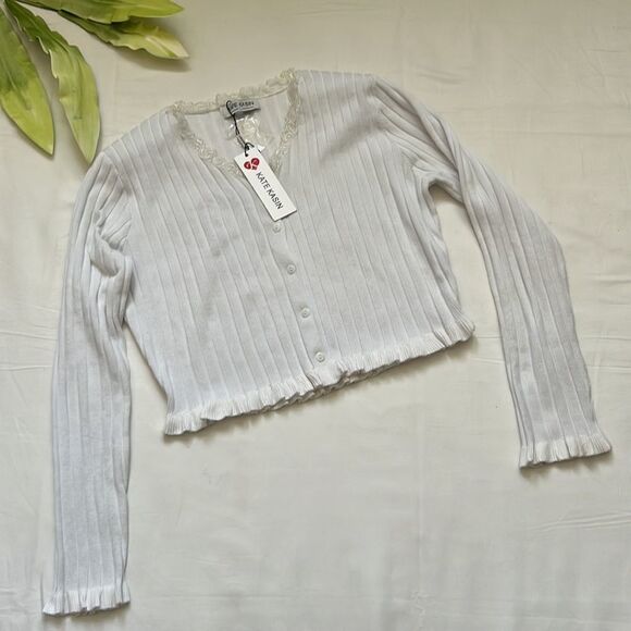 ⭐️nwt Kate Kasin Long Sleeve Button Down V Neck Lace Trim Knit Cardigan⭐️ - Picture 8 of 11
